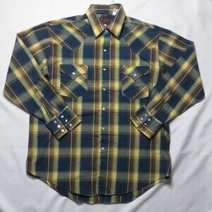 PLAINS mens WESTERN shirt PEARL SNAP plaid TEAL gold BLUE vintage SIZE LARGE
